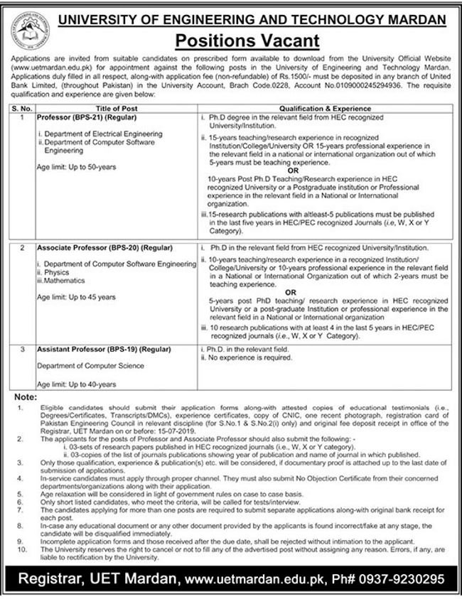 UET Mardan Jobs 2019 for Teaching Faculty