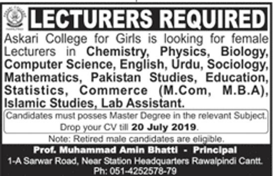 Askari College For Girls Rawalpindi Jobs 2019 For Lab & Teaching Staff