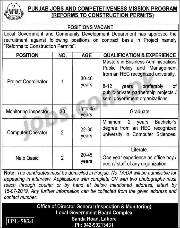 Local Government Department Punjab Jobs 2019 For 35+ Monitoring Inspectors / Graduates, Coordinator, Computer Operators & Other