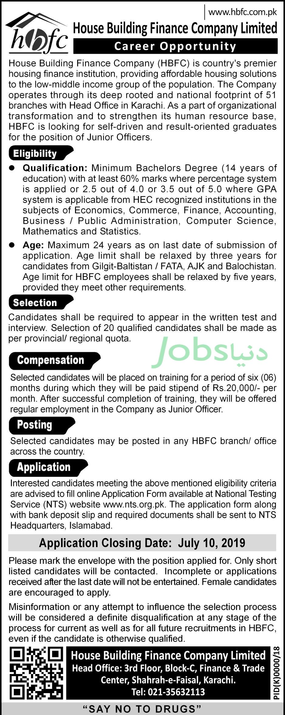 House Building Finance Company / HBFC Jobs 2019 For Graduates & Junior Officers (All Pakistan) – Download NTS Form