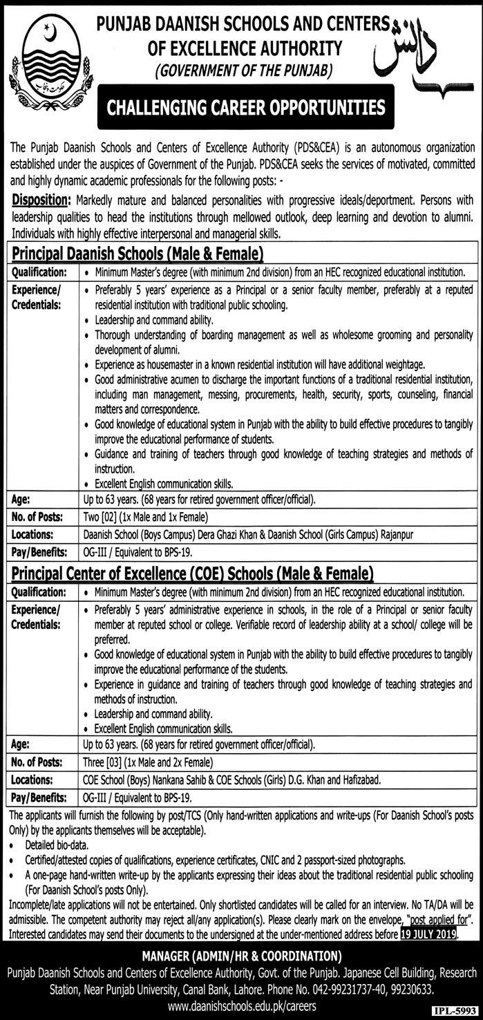 Punjab Daanish Schools Jobs 2019 For 5+ Principals (Male/Female)