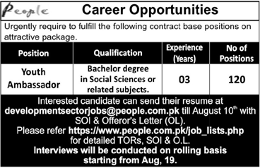 People Pakistan Jobs 2019 for 120+ Youth Ambassadors