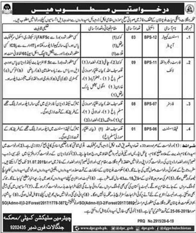 Forest & Wildlife Department Balochistan Jobs 2019 for 21+ Forest Rangers, Foreters, Asst Computer Operators & Field Assistant