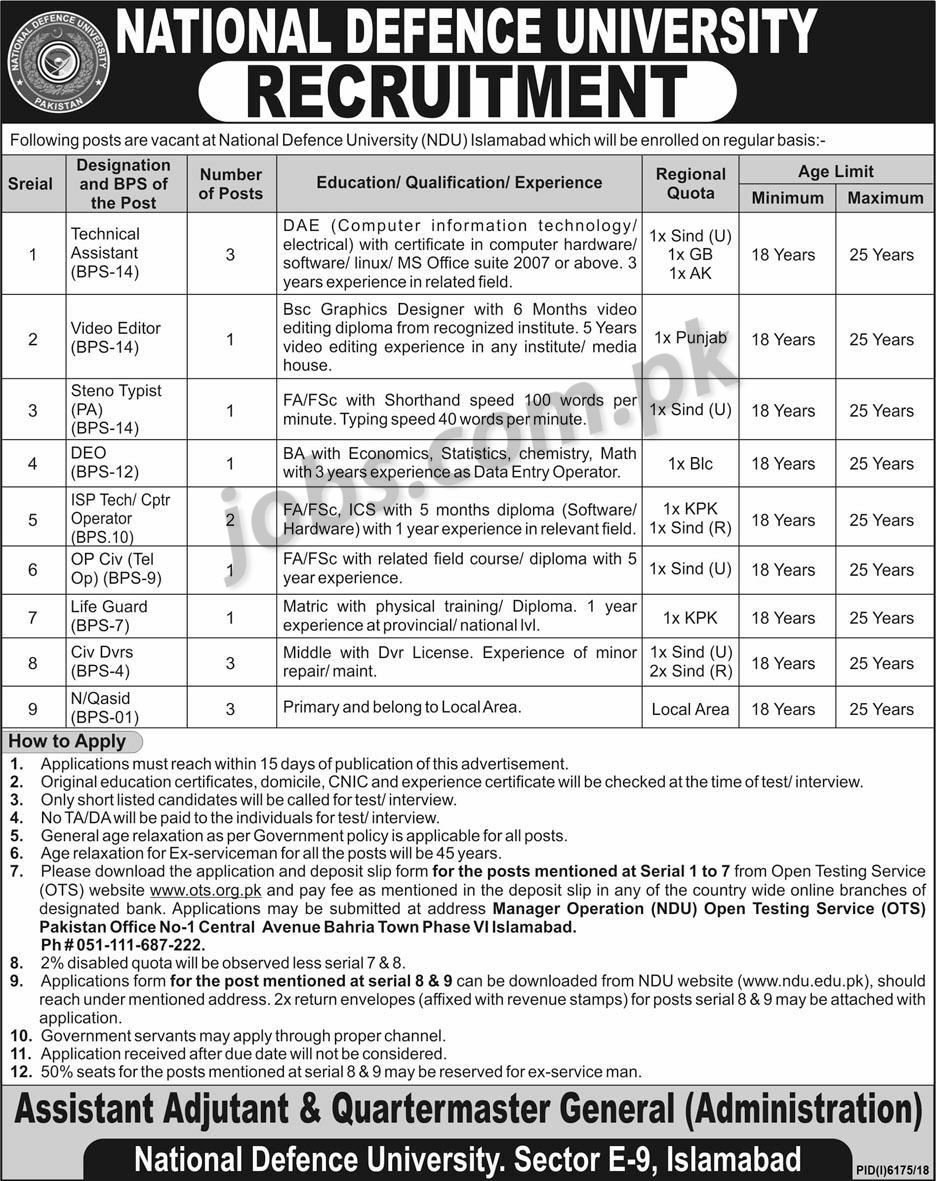 National Defence University (NDU) Islamabad Jobs 2019 For Stenotypists, DEO, Technical Assistants, DAE, Telecom, Editor & Other – OTS Form  