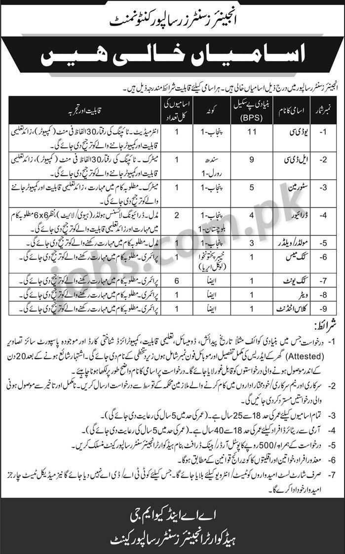 Pakistan Army Jobs 2019 For 15+ LDC/UDC Clerks, Storeman And Other At Engineers Centers Risalpur Cantonment