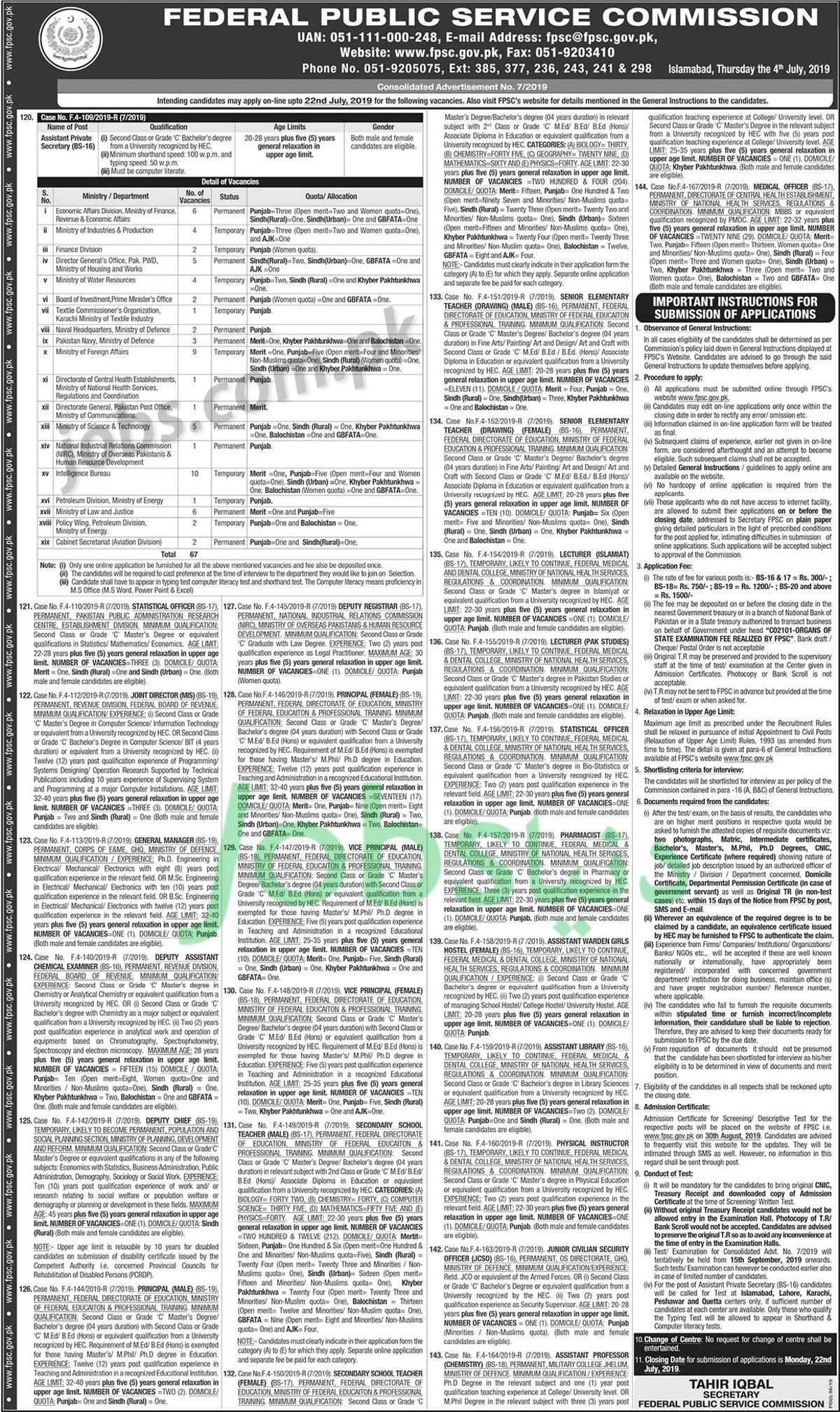 FPSC Jobs (7/2019): 606+ Posts In Federal Public Service Commission July 2019 Latest