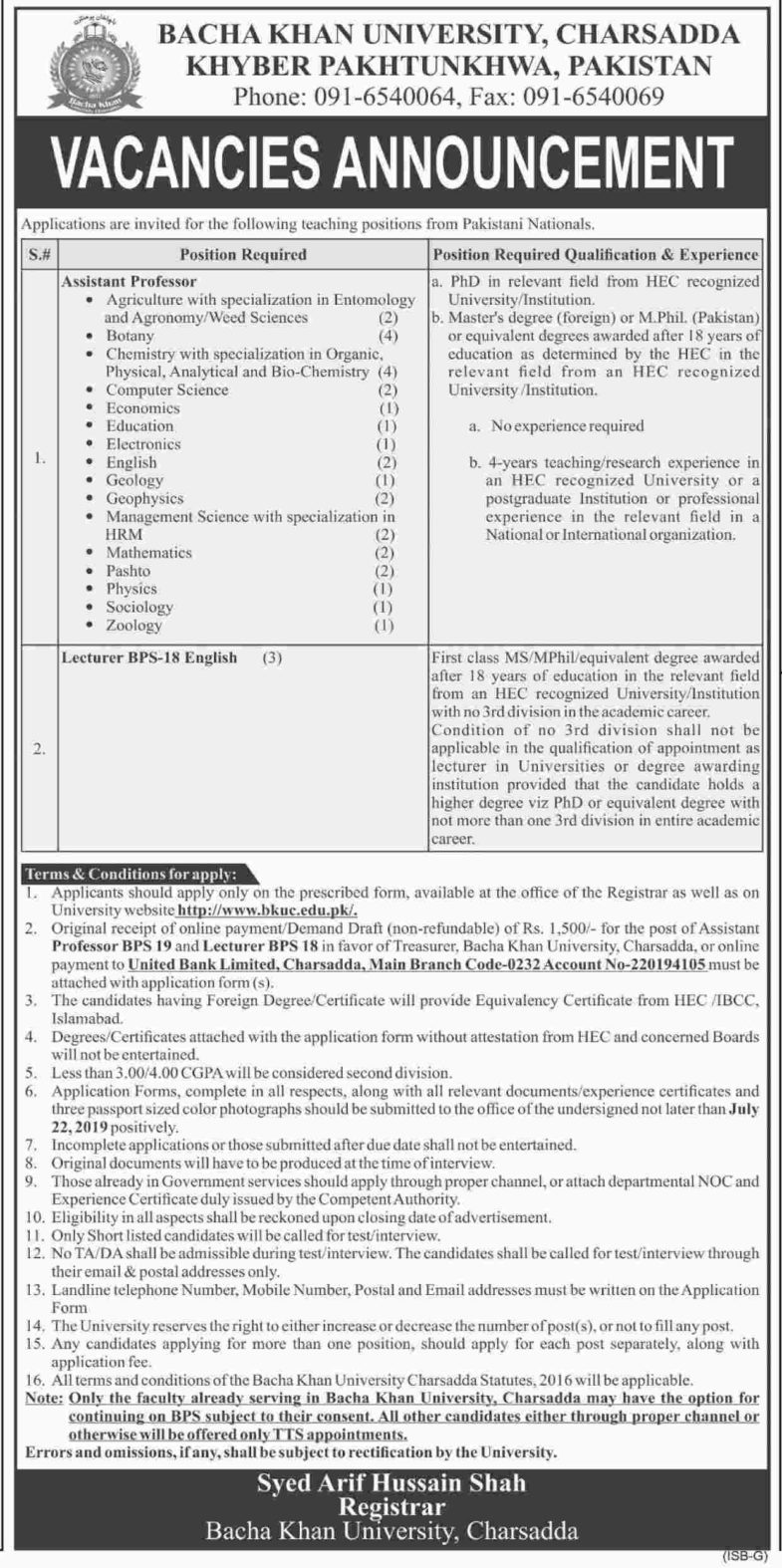 Bacha Khan University Charsadda Jobs 2019 for 32+ Teaching Faculty Posts