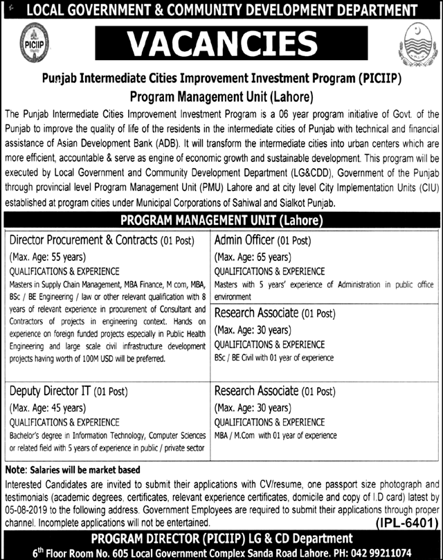 Local Government Department Punjab Jobs 2019 for Admin Officers, Research Associates and Management