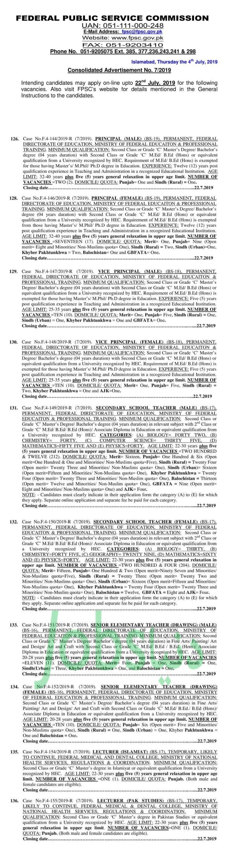 476+ Educators Jobs In Federal Ministry Of Education Pakistan – FPSC July 2019