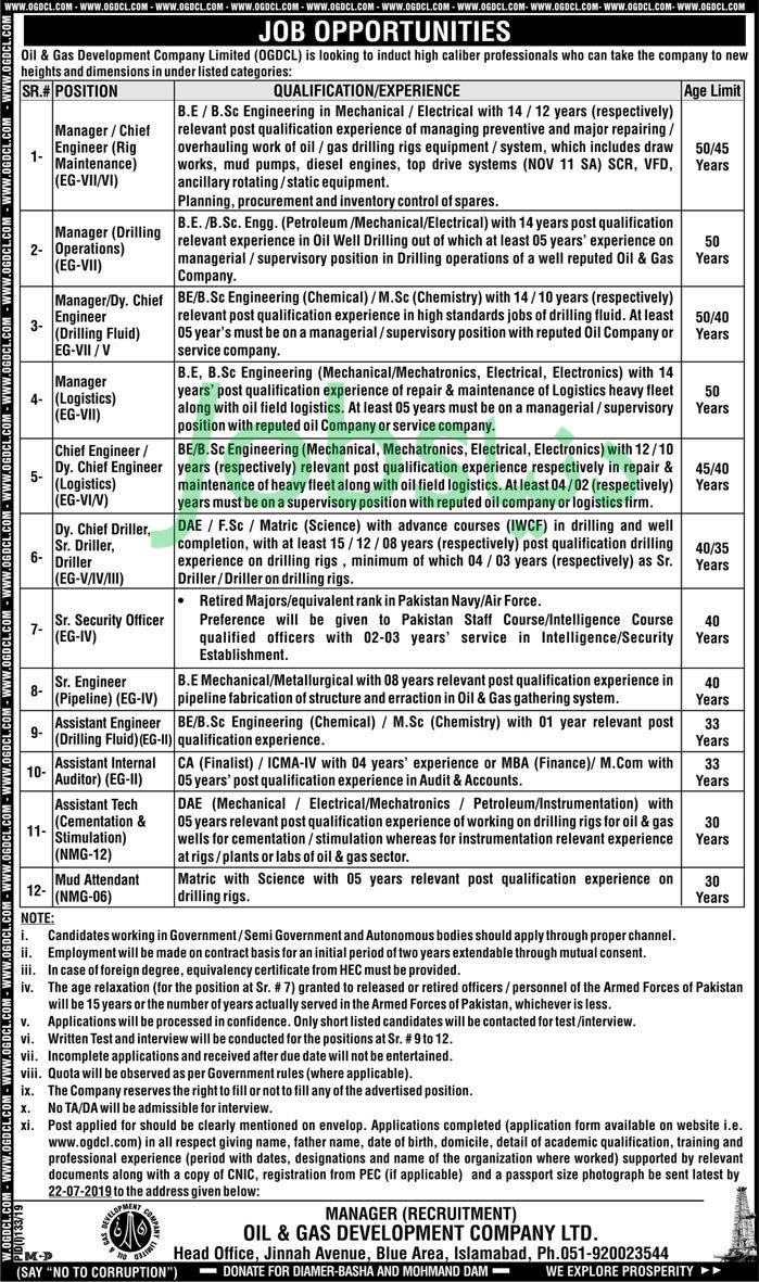 OGDCL Jobs July 2019 For Matric, DAE, Engineers, Audit, Logistics, Drilling, Operations & Other