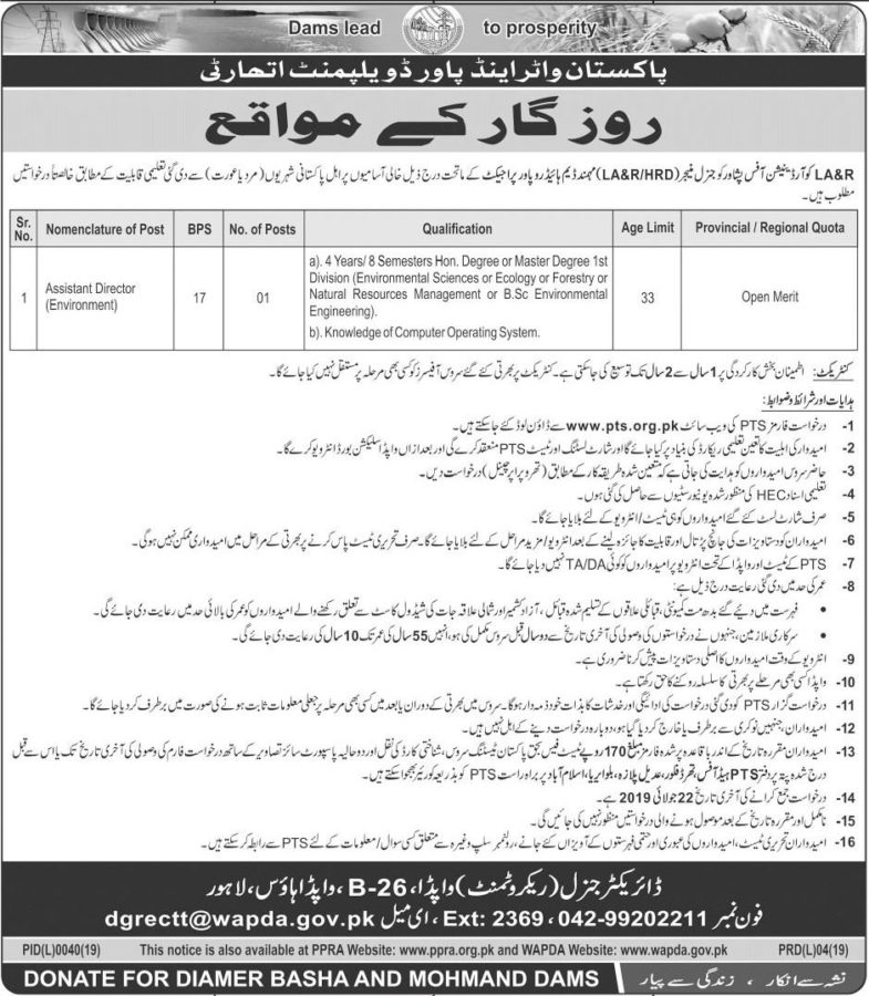 WAPDA Jobs 2019 for Assistant Director / BPS-17 Posts – Download PTS Form