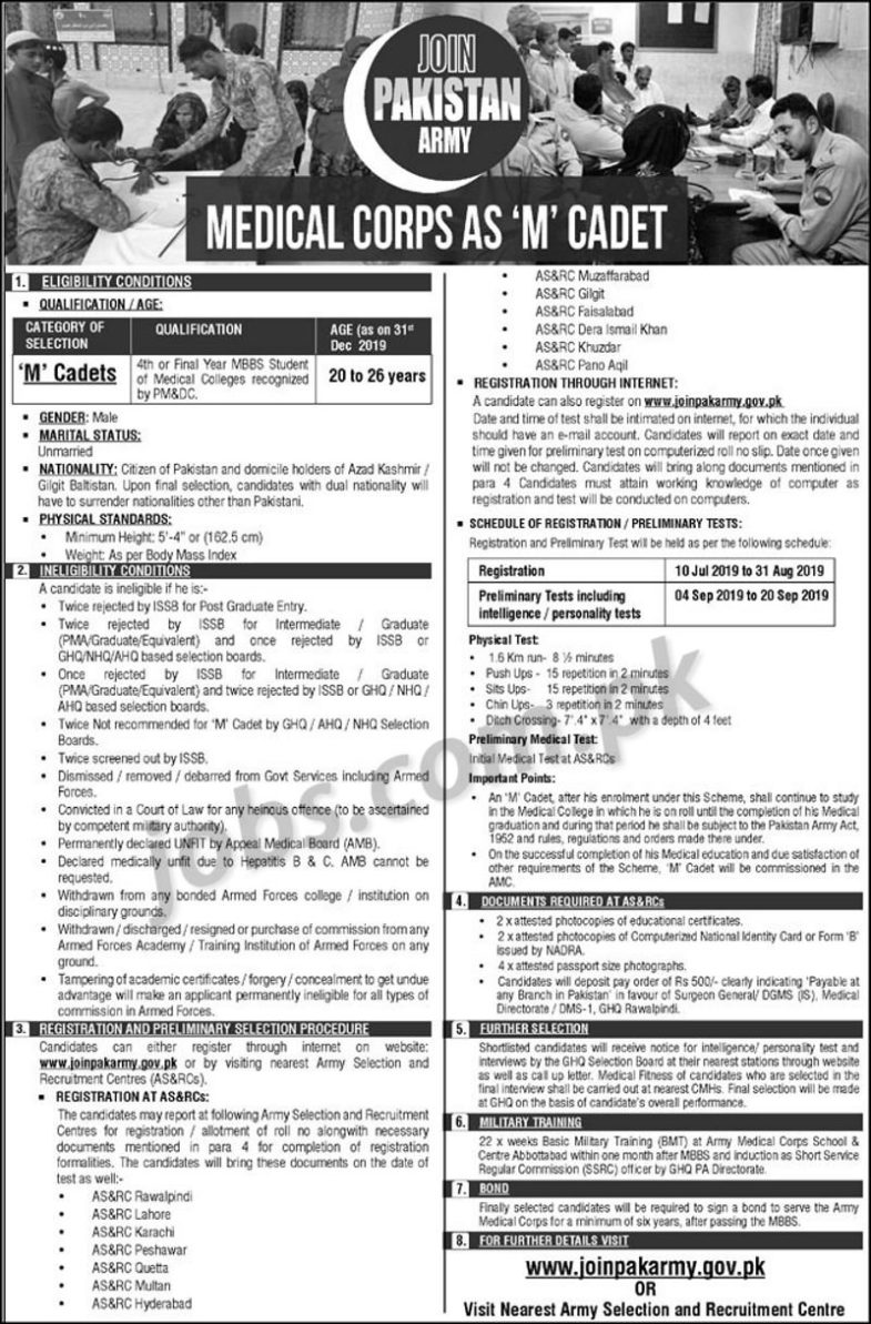 Join Pakistan Army Medical Corps as “M” Cadet