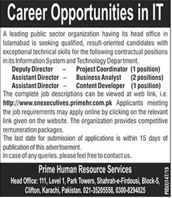 Islamabad Public Sector Organization Jobs 2019 for Assistant Directors, Project Coordinator, Business Analyst & Content Developer