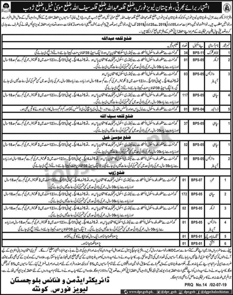 Levies Force Jobs July 2019 For 424+ Jr Clerks, Wireless Operators, Sipahi & Other