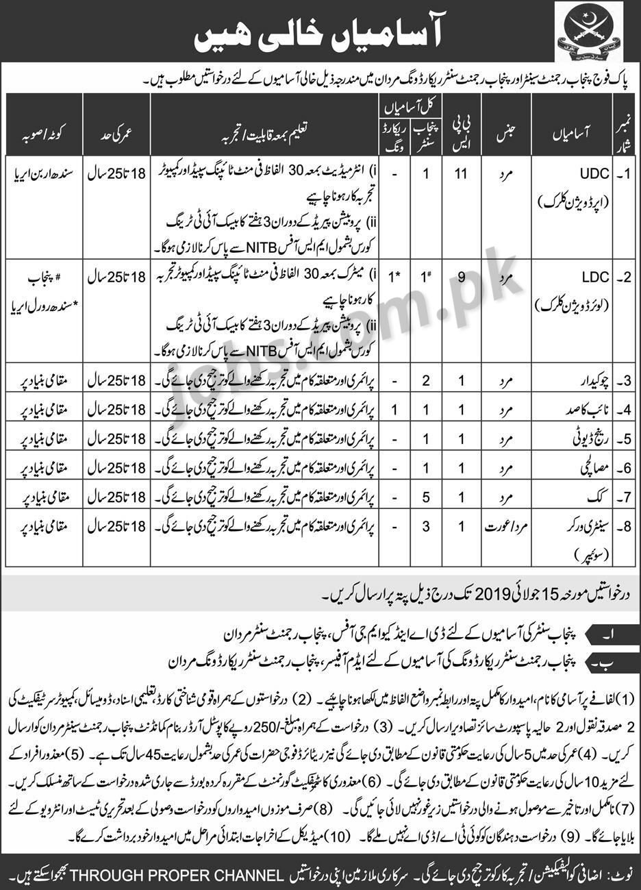 Pak Army Jobs 2019 For LDC / UDC Clerks, Range Duty , Guards & Other At Pak Fauj Regiment Center & Record Wing
