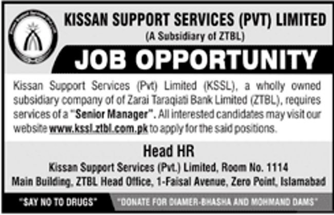 Kissan Support Services / ZTBL Bank Jobs 2019 for Senior Manager