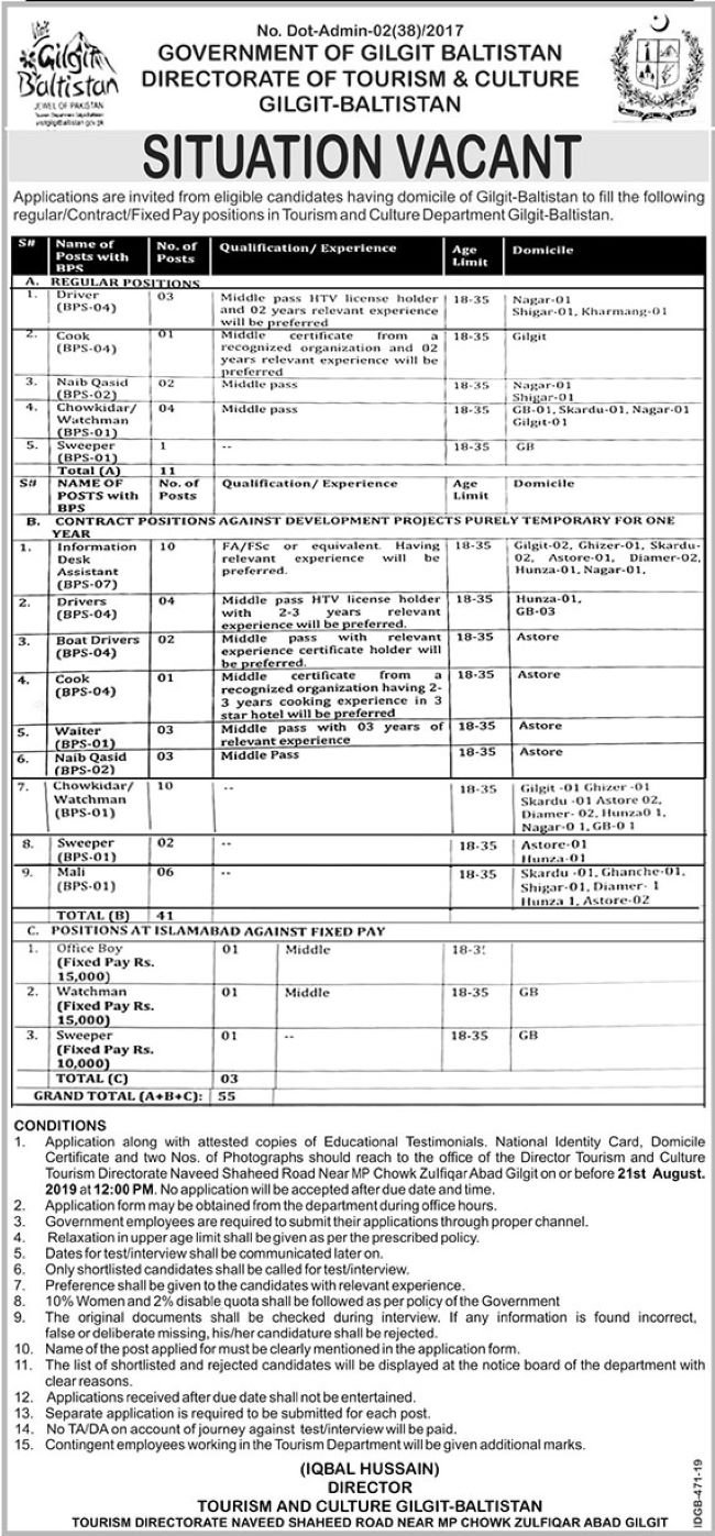 Directorate of Tourism & Culture Gilgit Baltistan Jobs 2019 for 55+ Staff Posts