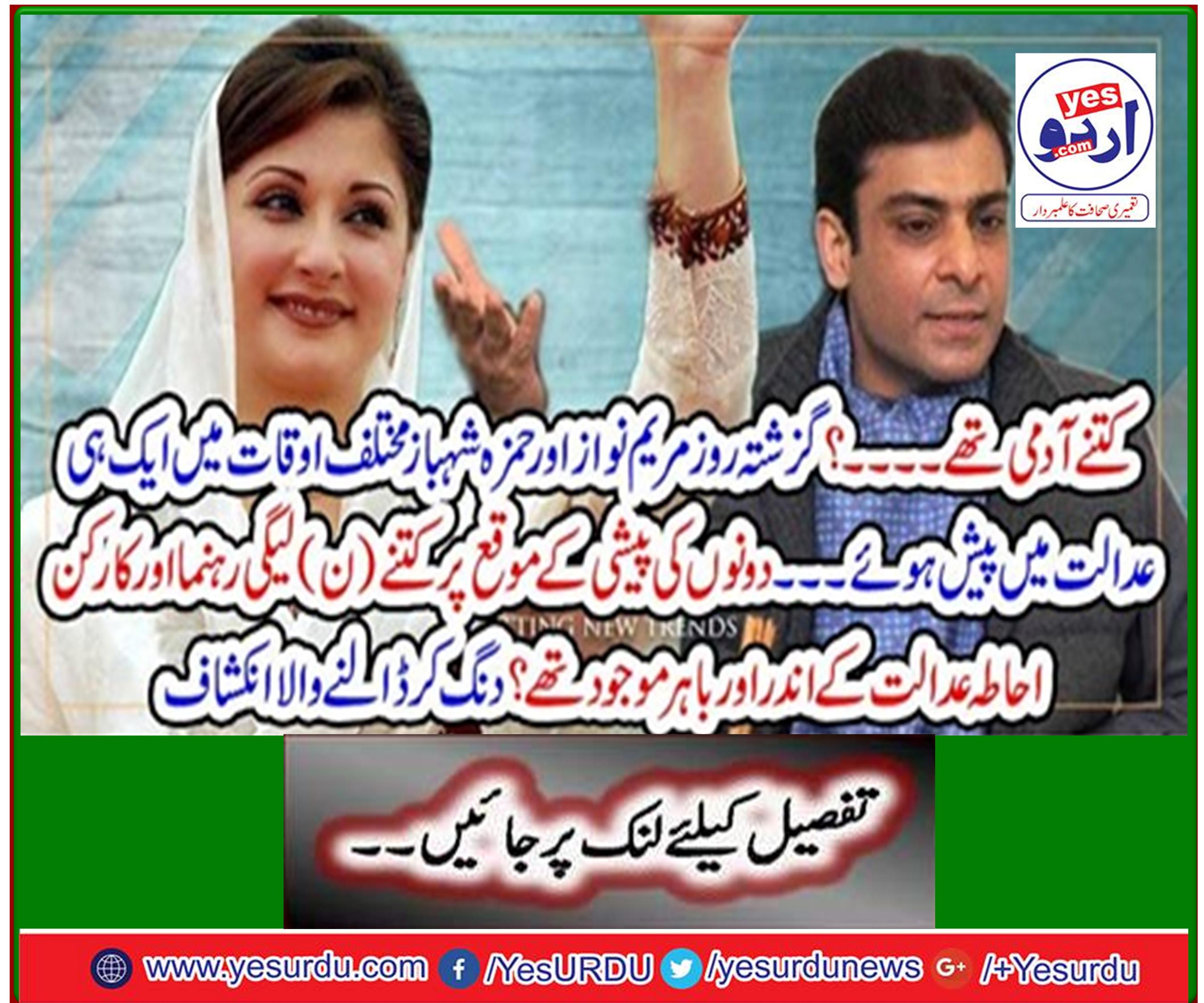 Last night, Maryam Nawaz and Hamza Shahbaz appeared in the same court at different times. How many NL leaders and workers were present inside and outside the courtroom at the time of the two appearances? Staggering Discovery