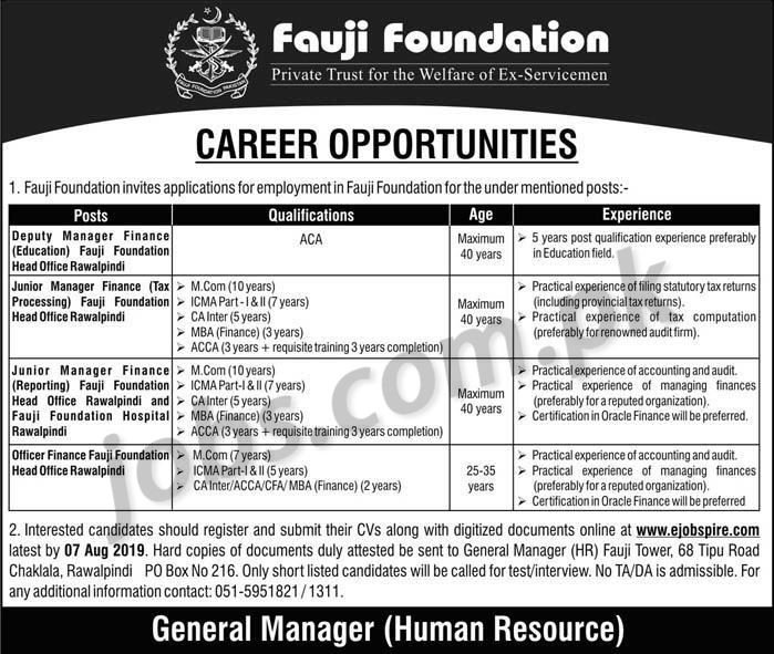 Fauji Foundation Jobs 2019 for Finance Officer, Junior Managers and Deputy Manager Finance