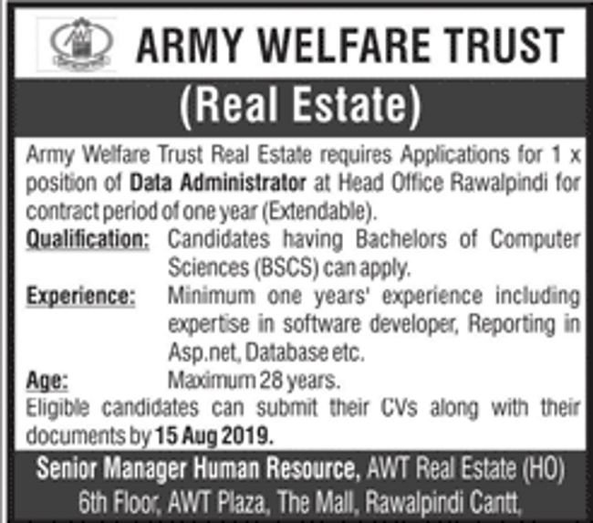 Army Welfare Trust Rawalpindi Jobs 2019 for IT / Data Administrator
