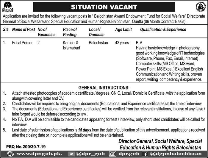 Social Welfare Department Balochistan Jobs 2019 for Focal Persons