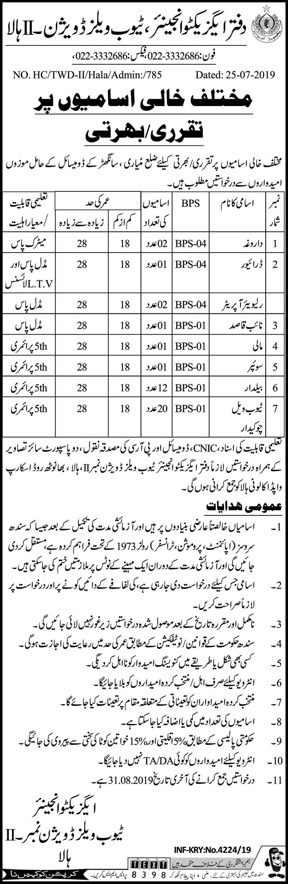 Irrigation Department SIndh (Hala / Matiari) Jobs 2019 for 40+ Support Staff