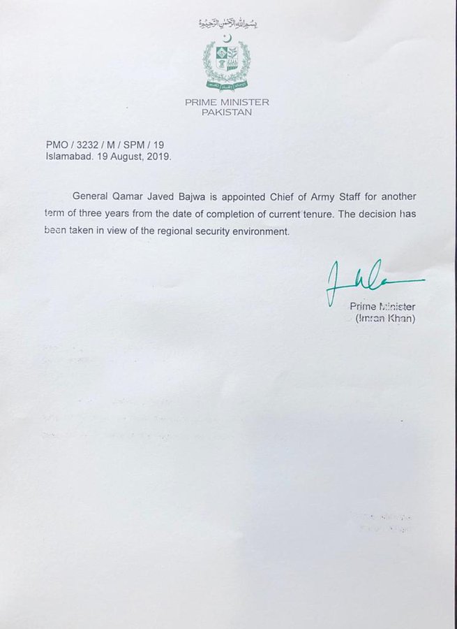 General, Bajwa ,appointed, COAS ,for, another ,three ,years