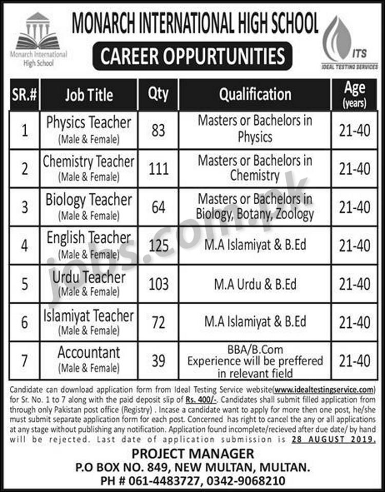 Monarch International High School Jobs 2019 for 497+ Teaching & Non-Teaching Staff (Download ITS Form)