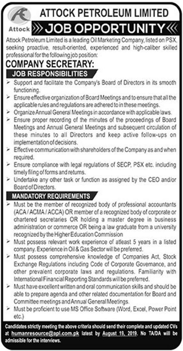 Attock Petroleum Ltd Jobs 2019 for Company Secretary