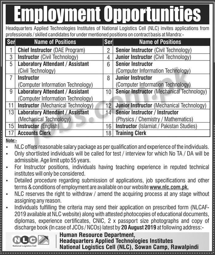 National Logistics Cell (NLC) Jobs 2019 for Training Clerk, Accounts Clerk, Lab Staff and Instructors
