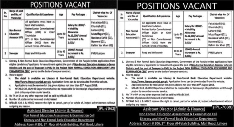 Literacy & Non-Formal Basic Education Department Jobs 2019 for Non-Formal Education Assessor (Multiple Districts)