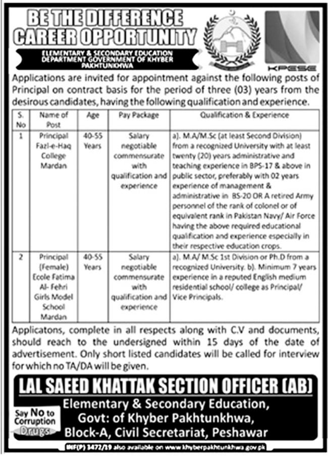 Elementary & Secondary Education Department KP Jobs 2019 for Principals
