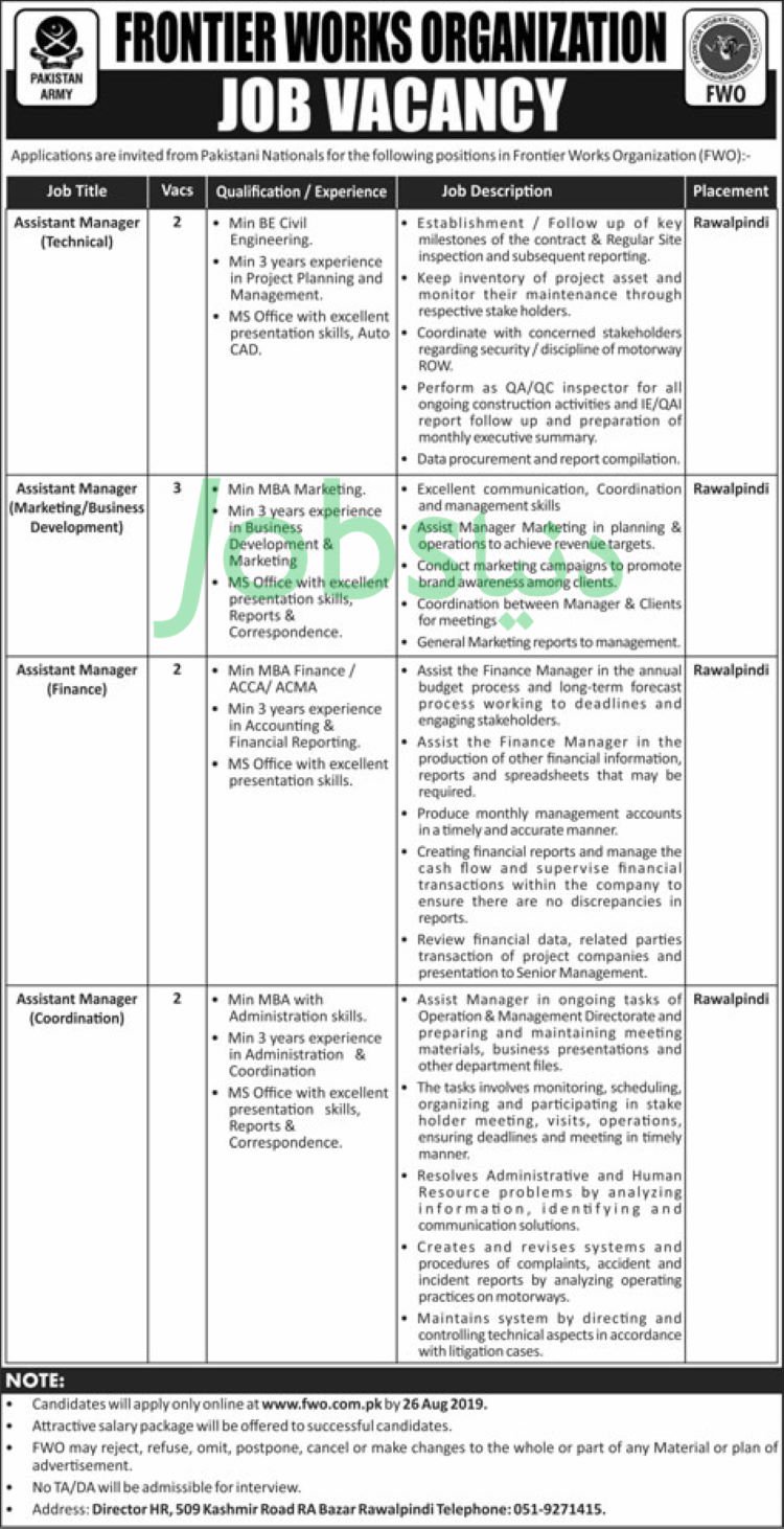 Frontier Works Organization (FWO) Jobs 2019 for Assistant Managers, Engineers, Finance, Business Development & Other