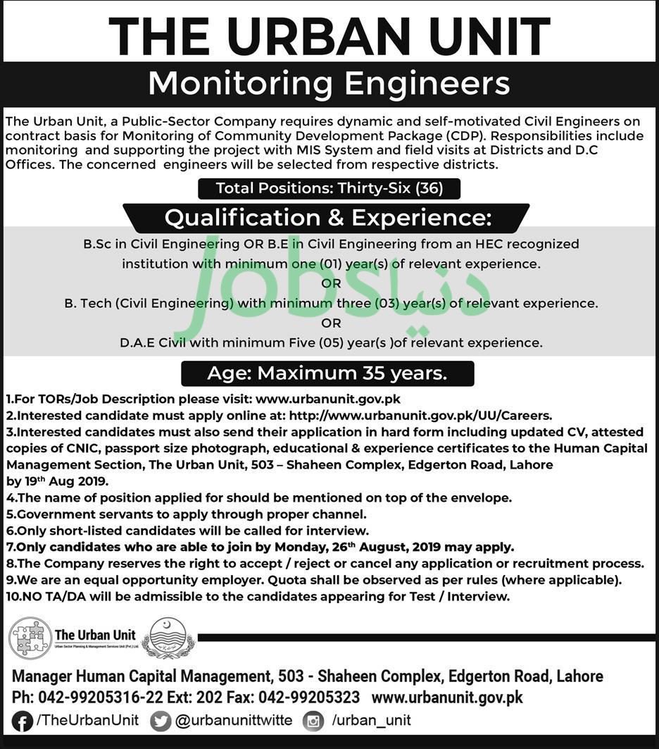 The Urban Unit Punjab Jobs 2019 for 36+ Monitoring Engineers