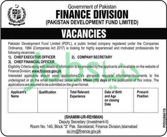 Finance Division Pakistan Jobs 2019 for Secretary, CFO, CEO / Management
