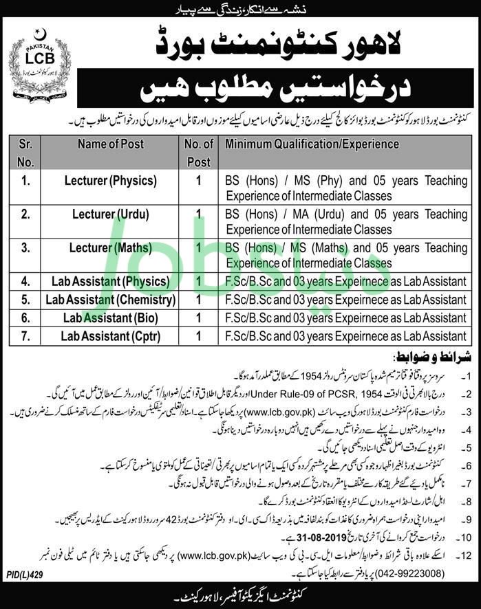 Lahore Cantonment Board (LCB) Jobs 2019 for Lab & Teaching Staff