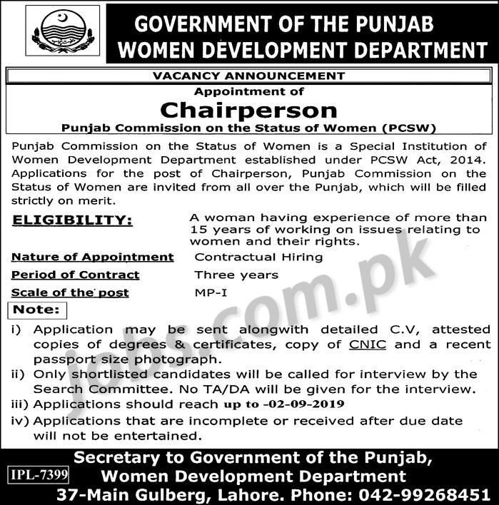 Women Development Department Punjab Jobs 2019 for Chairperson