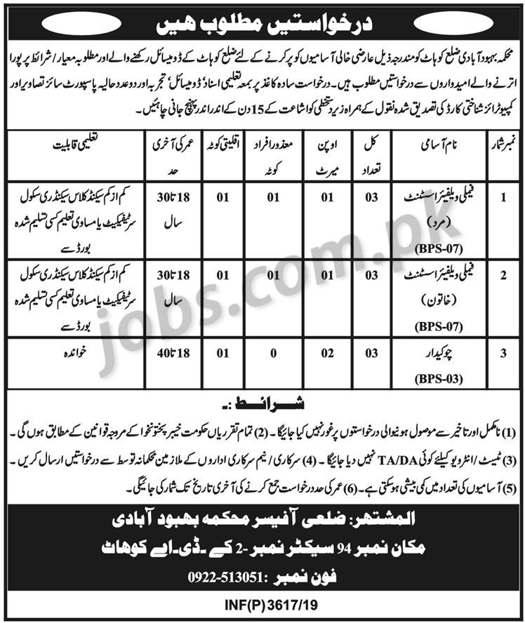 Population Welfare Department KP Jobs 2019 for 9+ Family Welfare Assistants (Male/Female) & Other (Kohat District)