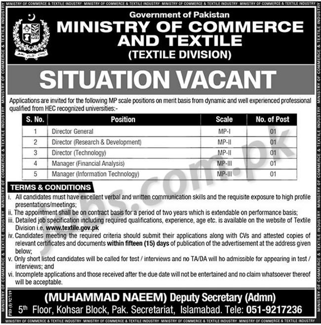 Ministry of Commerce & Textile Pakistan Jobs 2019 for Managers and Directors