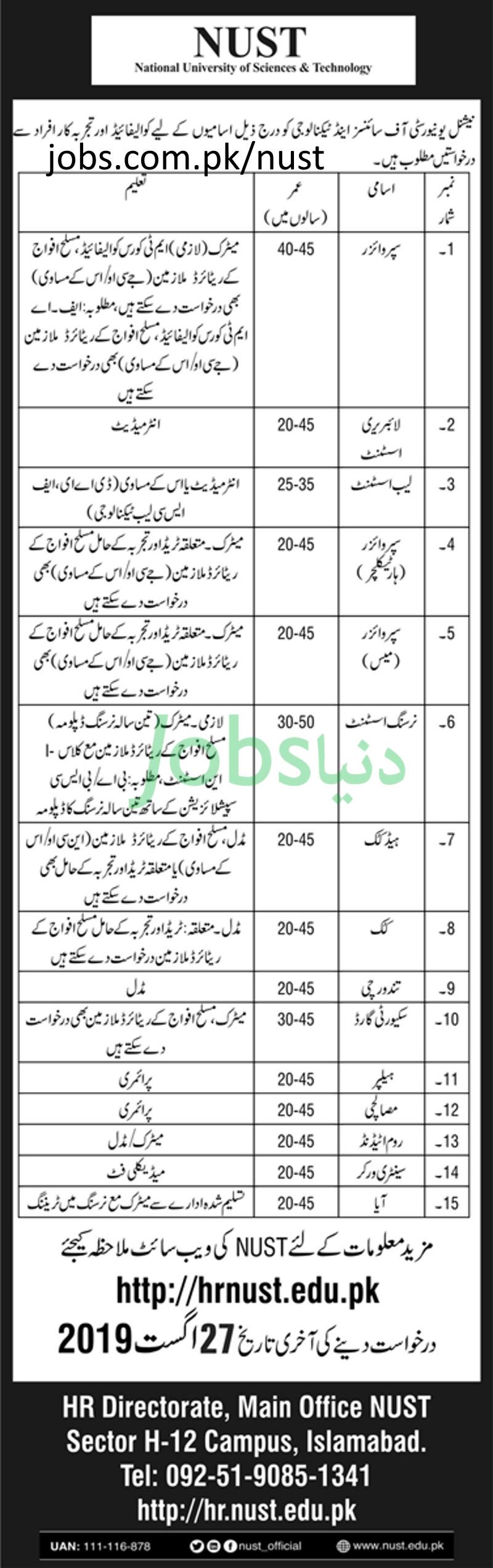 NUST University Jobs 2019 for Supervisors, Library, Lab, Security & Support Staff