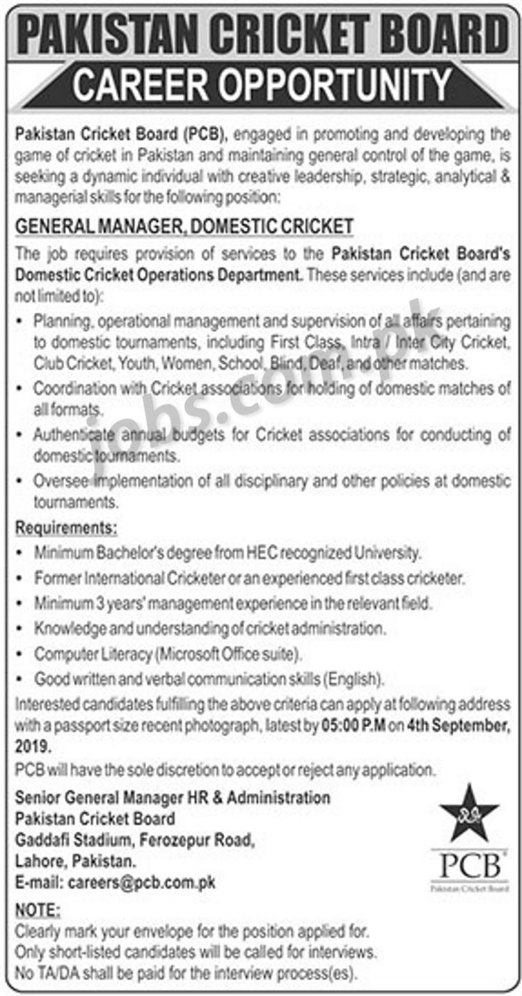 Pakistan Cricket Board (PCB) Jobs 2019 for General Manager – Domestic Cricket