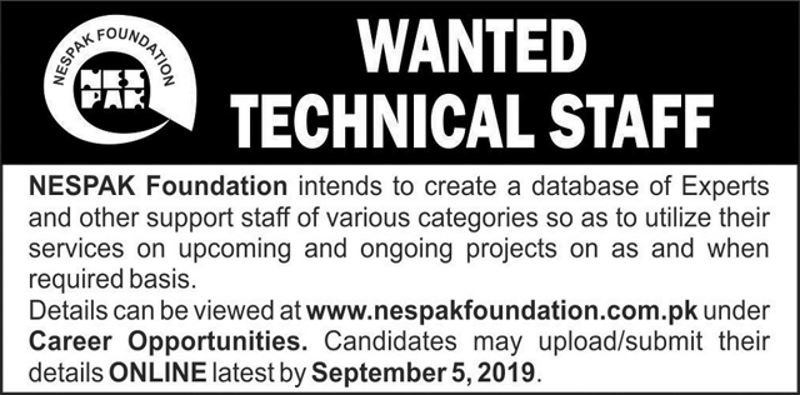 NESPAK Foundation Jobs 2019 for Experts & Support Staff