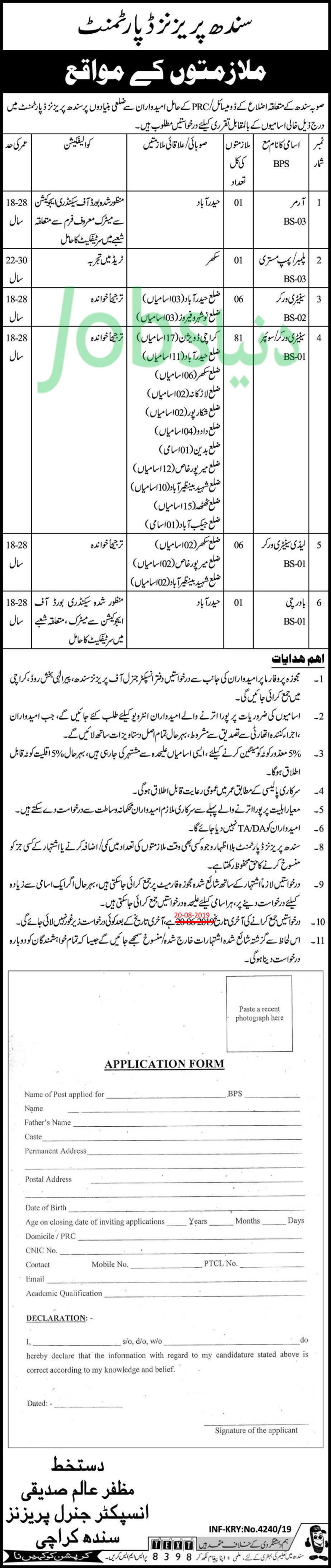 Sindh Prisons Department Jobs 2019 for 96+ Support Staff (Multiple Cities)