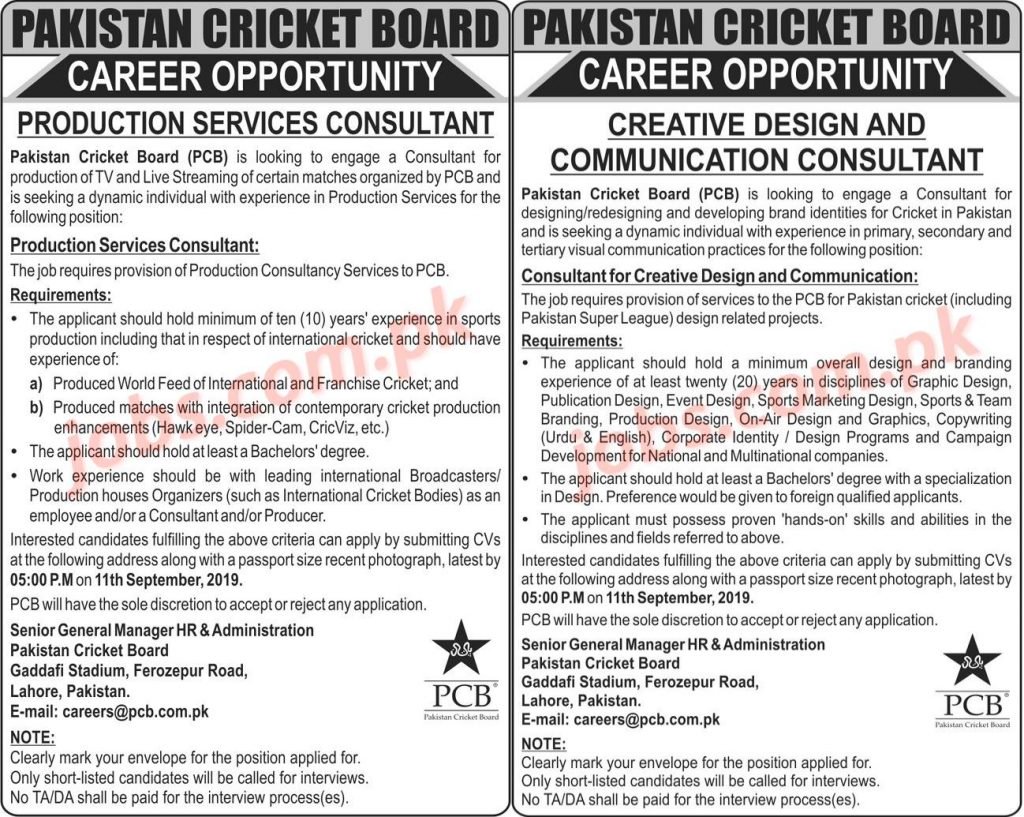 Pakistan Cricket Board (PCB) Jobs 2019 for Creative Design/Communication and Production Services Consultants