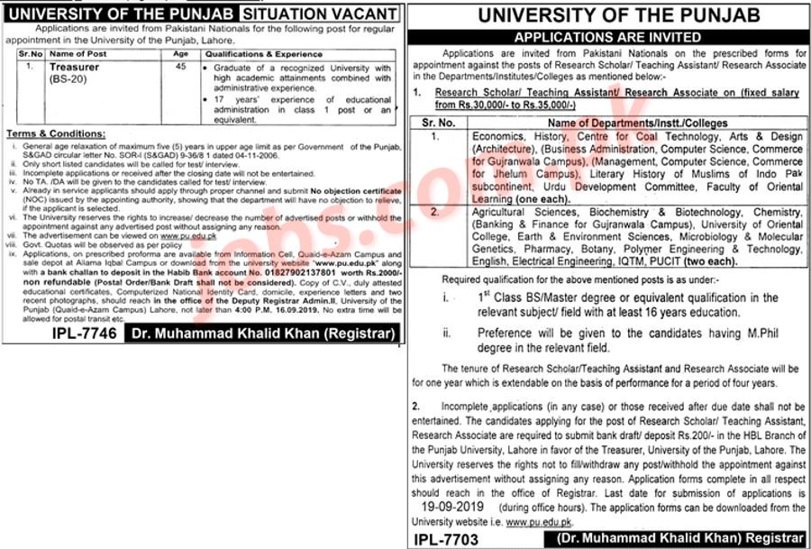University of Punjab Jobs 2019 for Treasurer and Research Associate / Teaching Assistant