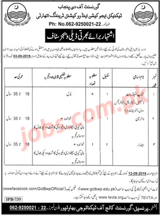 TEVTA Punjab Jobs 2019 for Shop Attendant & Other Support Staff