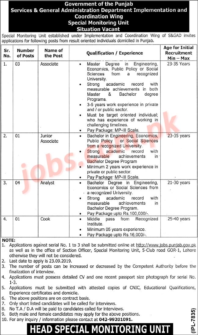 Services & General Administration Department Punjab Jobs 2019 for 9+ Associates, Jr Associate, Analysts & Cook