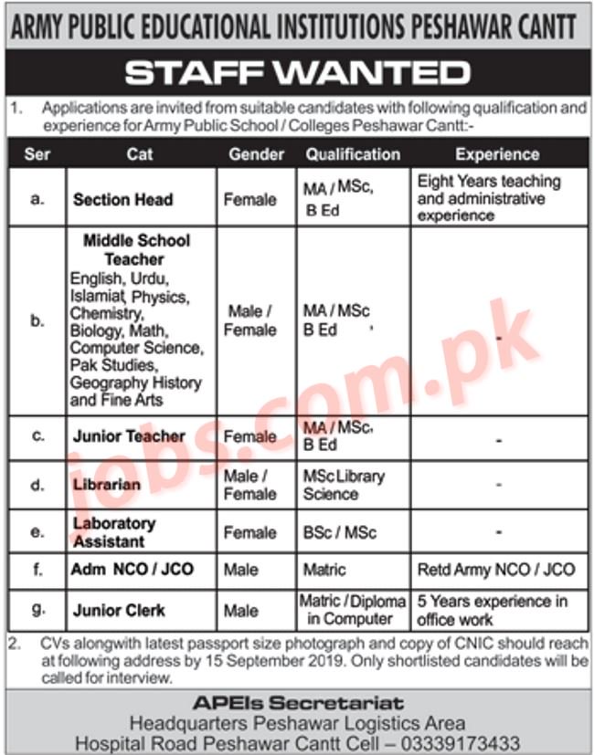 Army Public Educational Institutions Peshawar Jobs 2019 for Teaching & Non-Teaching Staff