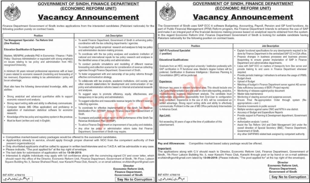 Finance Department Sindh Jobs 2019 for Tax and Financial Specialists