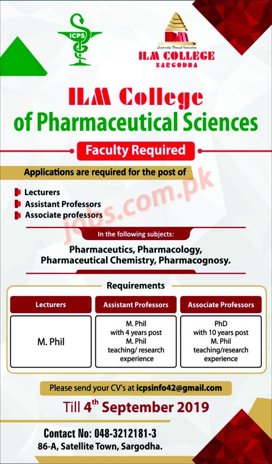 ILM College Sargodha Jobs 2019 for Teaching Faculty